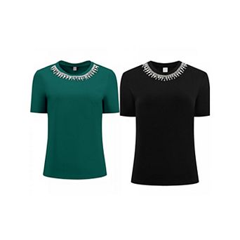2 Packs Women's Sparkly Blouse Cocktails Elegant Rhinestone Tops