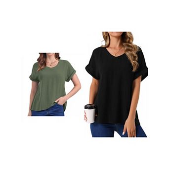 2 Packs Women's Linen Tops Short Sleeve Casual t Shirts Basic Outfits Loose Solid Color Blouse