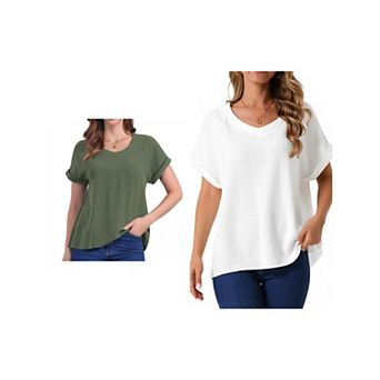 2 Packs Women's Linen Tops Short Sleeve Casual t Shirts Basic Outfits Loose Solid Color Blouse