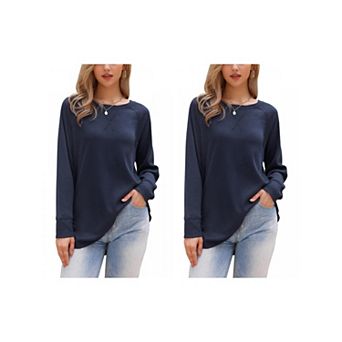 2 Packs Waffle Knit Top for Women Fall Casual Crewneck Long Sleeve Blouse Loose Pullover Shirts