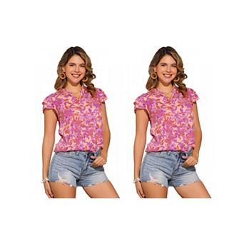 2 Packs Floral Tops for Women's Ruffled V Neck Cap Sleeve Summer Casual t Shirts Blouses