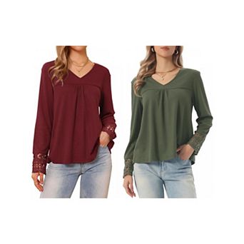 2 Packs Long Sleeve V Neck Blouse for Women's Loose Fit Casual Tops Fall Winter Basic t Shirts