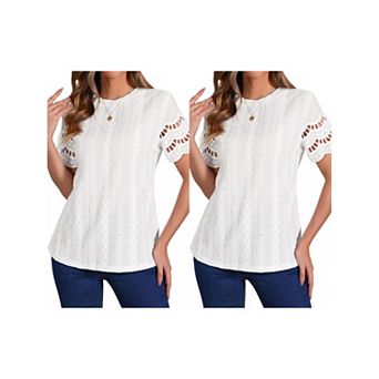 2 Packs Summer Casual Tops for Women's Crew Neck Short Sleeve Solid Shirts Top