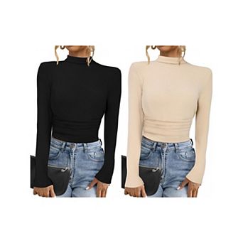 2 Packs Long Sleeve Sweaters Tops for Women Mock Turtle Neck Slim Fit Tee Casual Pullover Sweater