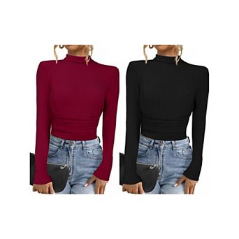 2 Packs Long Sleeve Sweaters Tops for Women Mock Turtle Neck Slim Fit Tee Casual Pullover Sweater