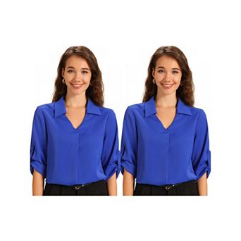 2 Packs V Neck Collared Blouses for Women's Roll Up 3/4 Sleeves Flowy Pleated Tunic Tops