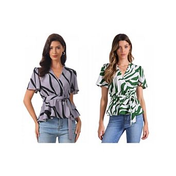 2 Packs Printed Peplum Top for Women's Flutter Sleeves Elastic Waist Belt Wrap V Neck Blouse