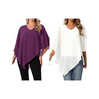 2 Packs Women's Overlay Cape Top V Neck Flowy Chiffon Blouse Asymmetrical Shirt 3/4 Sleeve Tops