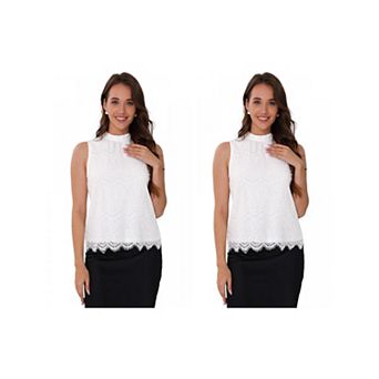 2 Packs Lace Tops for Women's Sleeveless Mock Neck Dressy Casual Blouse