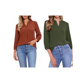 2 Packs V Neck Button Shirt for Women's 3/4 Sleeve Pleated Trim Henley Casual Blouse Tops