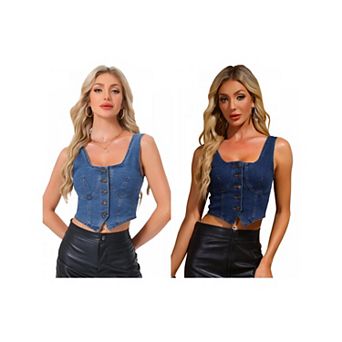 2 Packs Denim Vest Top for Women's Sleeveless Square Neck Button Down Jean Waistcoat