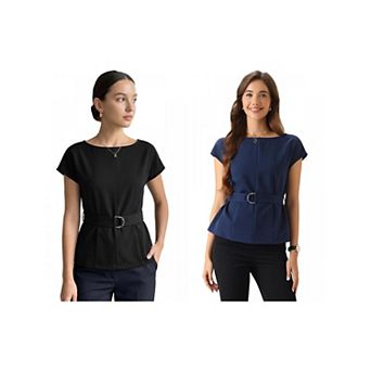 2 Packs Cap Sleeve Dressy Top for Women's Boat Neck Office Work Belted Peplum Tops