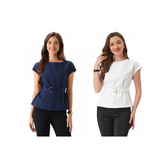 2 Packs Cap Sleeve Dressy Top for Women's Boat Neck Office Work Belted Peplum Tops