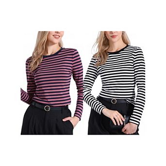 2 Packs Striped T Shirts for Women Long Sleeve Tops Crew Neck Fitted Tees Casual Trendy Outfits