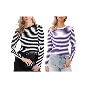 2 Packs Striped T Shirts for Women Long Sleeve Tops Crew Neck Fitted Tees Casual Trendy Outfits