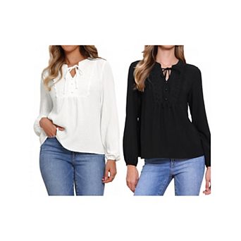 2 Packs Long Sleeve Dressy Casual Blouse Tops for Women's Button Down V Neck Lace Fall Spring Shirts