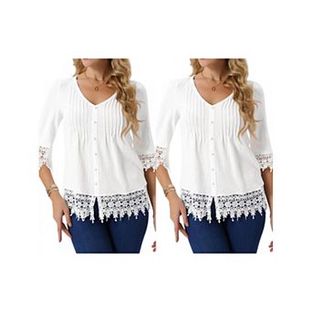2 Packs Women's Casual Top V Neck 3/4 Sleeve Hallow Out Solid Tunic Blouse Loose Summer T-Shirt