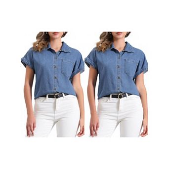 2 Packs Women's Denim Shirt Short Sleeve Button Down Classic Jean Shirt Tops