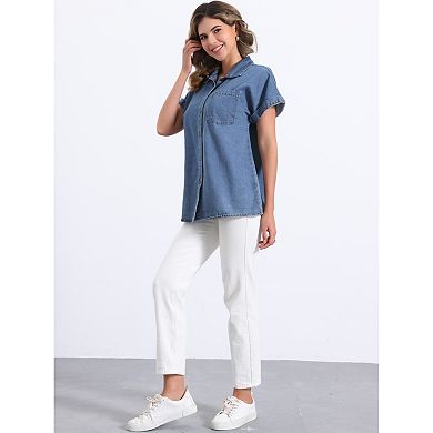 2 Packs Women's Denim Shirt Short Sleeve Button Down Classic Jean Shirt Tops