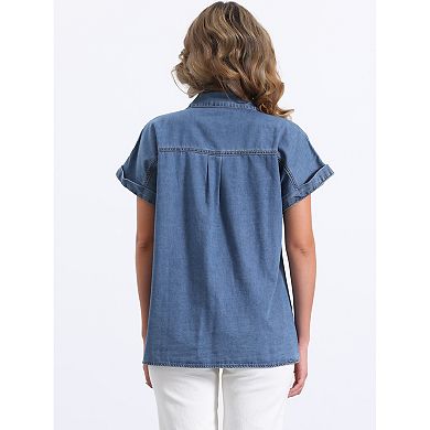 2 Packs Women's Denim Shirt Short Sleeve Button Down Classic Jean Shirt Tops