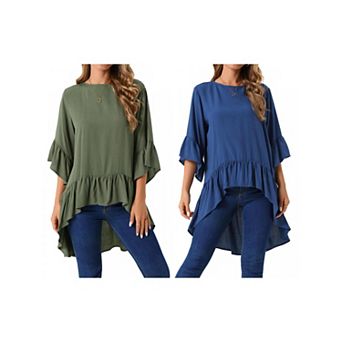 2 Packs Women's High Low Tops 3/4 Bell Sleeve Round Neck Keyhole Back Ruffle Hem Asymmetrical Blouse