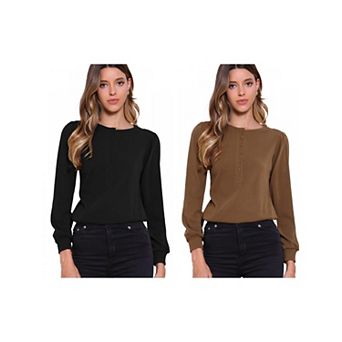 2 Packs Long Sleeve Ribbed Knit Shirts for Womens Casual Crew Neck Button Down Tops Trendy Tee Shirt