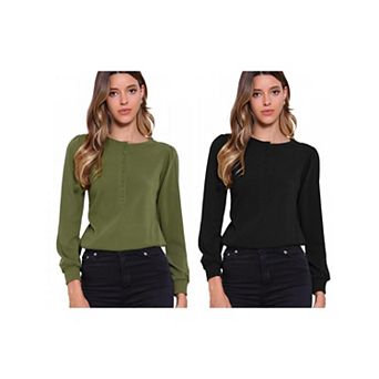 2 Packs Long Sleeve Ribbed Knit Shirts for Womens Casual Crew Neck Button Down Tops Trendy Tee Shirt