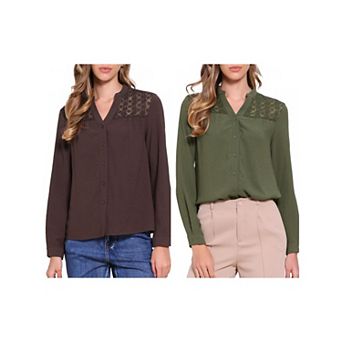 2 Packs Lace Shirts for Women Button Down Long Sleeve Tops Casual Trendy Blouses