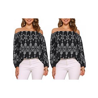 2 Packs Boho Off Shoulder Top for Women's Bohemian Long Sleeve Summer Casual Blouse Tops