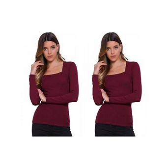 2 Packs Square Neck Tops for Women's Long Sleeve Shirts Top Fall Fashion Clothes Basic Tee Shirt