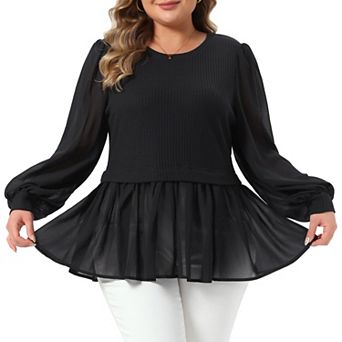 Women's Plus Size Peplum Tops Crew Neck Lantern Long Sleeve Mesh Ruffle Hem Tunic Dressy Blouse