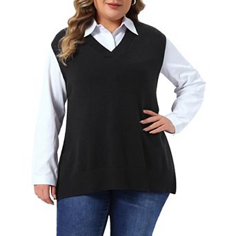 Women's Plus Size Sweater Vest V Neck Sleeveless Knit Vest Classic Side Split Pullover Top