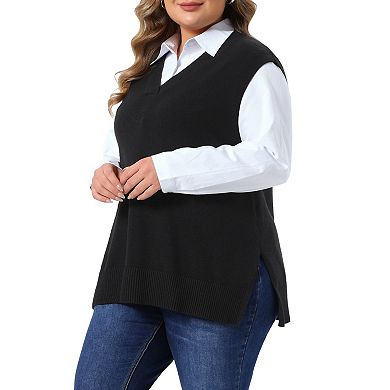 Women's Plus Size Sweater Vest V Neck Sleeveless Knit Vest Classic Side Split Pullover Top