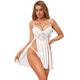 Side Split Lingerie for Women Lace Mesh See Through Sleepwear V Neck Nightgown