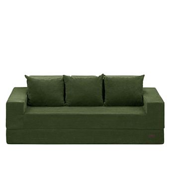 MAXYOYO 3Seat Convertible Sofa Bed, Corded Foldable Boneless Couch with Cup Holders for Small Spaces