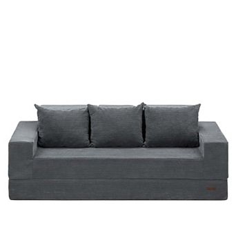 MAXYOYO 3Seat Convertible Sofa Bed, Corded Foldable Boneless Couch with Cup Holders for Small Spaces