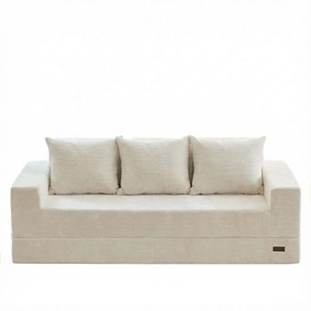 MAXYOYO 3Seat Convertible Sofa Bed, Corded Foldable Boneless Couch with Cup Holders for Small Spaces