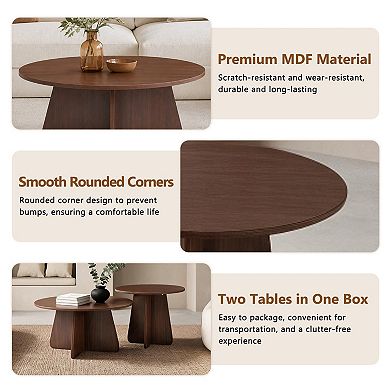 Round Nesting Coffee Table Set of 2, Circle End Table, Wooden Accent Tables, Small Side Table