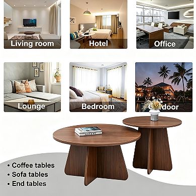 Round Nesting Coffee Table Set of 2, Circle End Table, Wooden Accent Tables, Small Side Table