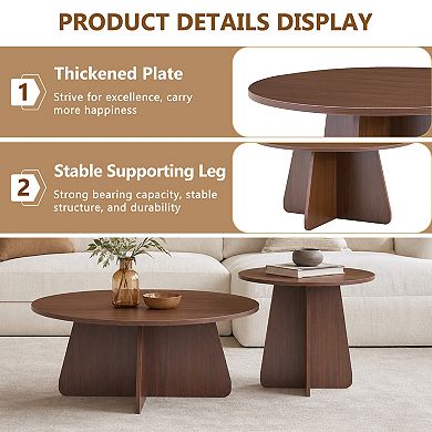 Round Nesting Coffee Table Set of 2, Circle End Table, Wooden Accent Tables, Small Side Table