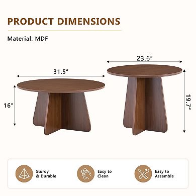 Round Nesting Coffee Table Set of 2, Circle End Table, Wooden Accent Tables, Small Side Table