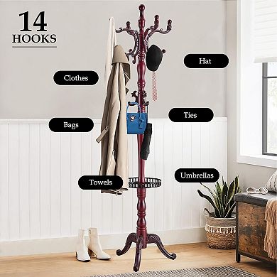 Wood Coat Rack Freestanding, Sturdy Hall Tree, Coat Rack Stand, 14 Hooks, Tray, Entryway Bedroom