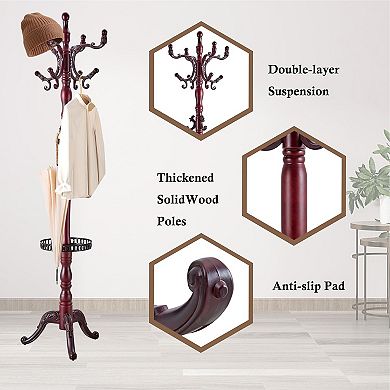 Wood Coat Rack Freestanding, Sturdy Hall Tree, Coat Rack Stand, 14 Hooks, Tray, Entryway Bedroom