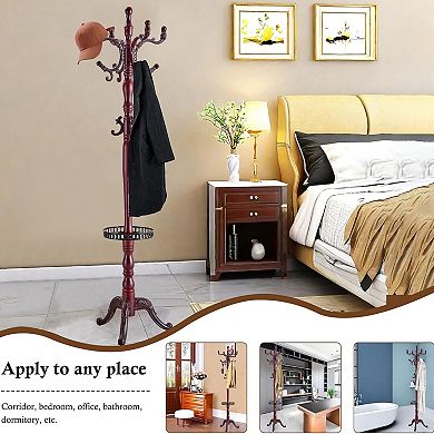 Wood Coat Rack Freestanding, Sturdy Hall Tree, Coat Rack Stand, 14 Hooks, Tray, Entryway Bedroom