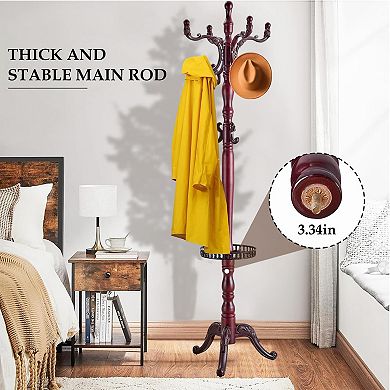 Wood Coat Rack Freestanding, Sturdy Hall Tree, Coat Rack Stand, 14 Hooks, Tray, Entryway Bedroom
