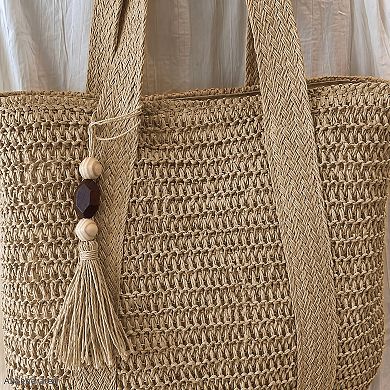 Woven Straw Tote Bag Large Capacity Zip Top Shoulder Carryall with Tassel Accent
