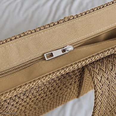 Woven Straw Tote Bag Large Capacity Zip Top Shoulder Carryall with Tassel Accent
