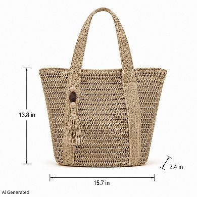 Woven Straw Tote Bag Large Capacity Zip Top Shoulder Carryall with Tassel Accent