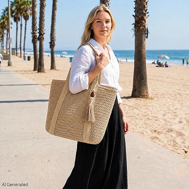 Woven Straw Tote Bag Large Capacity Zip Top Shoulder Carryall with Tassel Accent