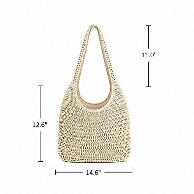 Woven Straw Tote Bag Zip Top Lightweight Summer Shoulder Carryall with Interior Pocket